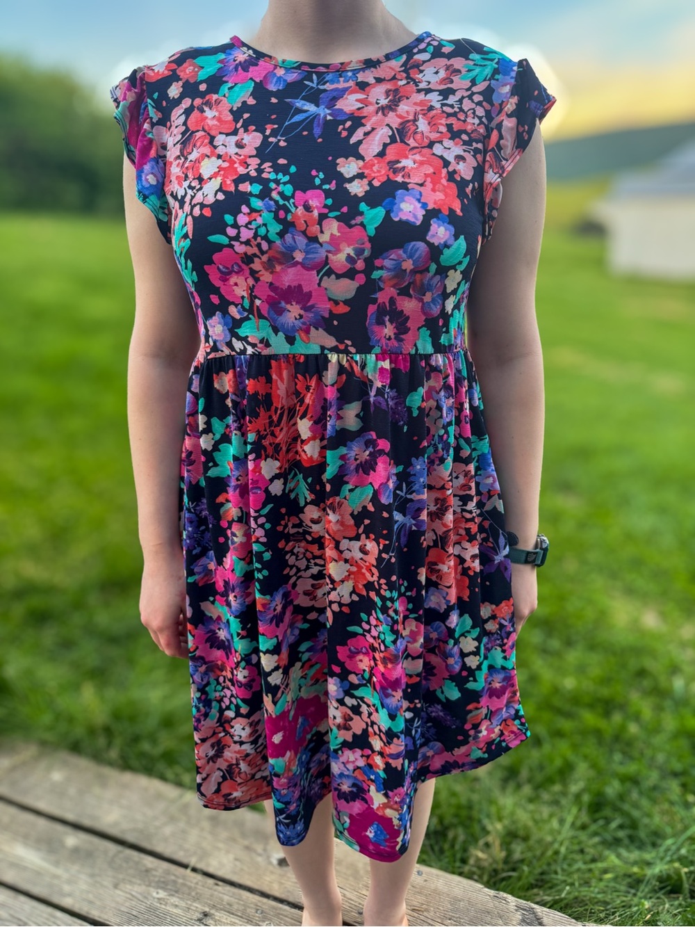 HEIMISH USA Floral Navy Multicolor Cap-Sleeve Dress